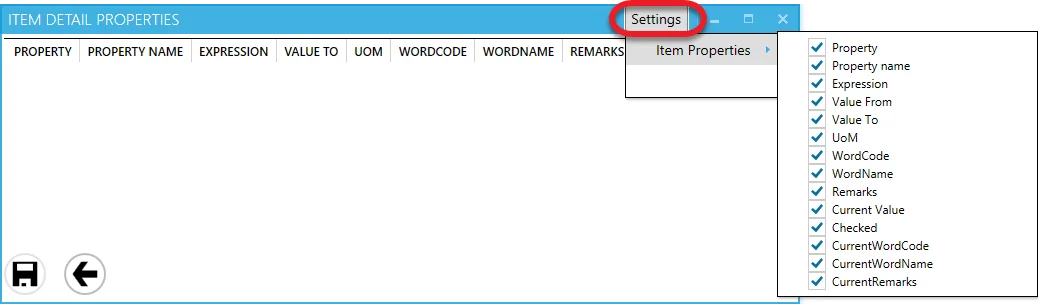 Item Detail Properties form with the Settings menu listing the columns that can be shown or hidden