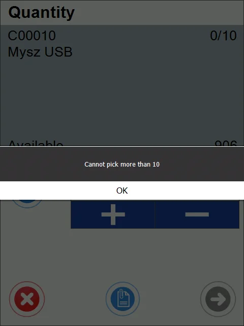 CompuTec WMS quantity screen with the message Cannot pick more than 10