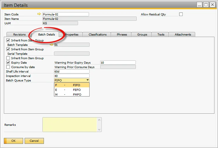 CompuTec ProcessForce Item Details, Batch Details tab with expiry date, shelf life, inspection interval, and batch queue type