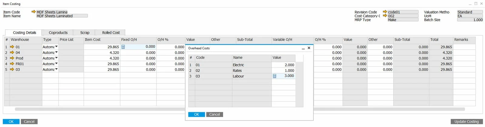 Item Costing for an MDF sheets item with the Overhead Costs window listing electric, rates, and labor values