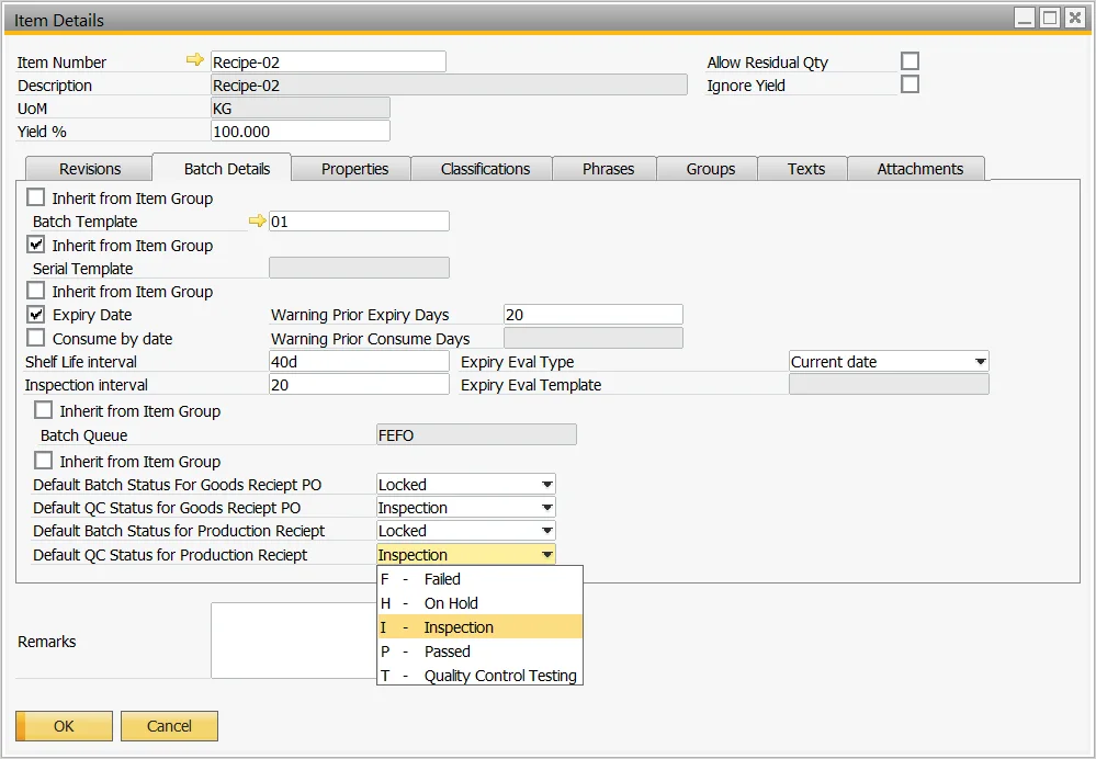Item Details Batch Details tab with Locked batch status and Inspection quality status as defaults for production receipts