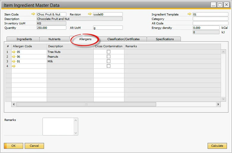 CompuTec ProcessForce Item Ingredient Master Data, Allergens tab listing tree nuts, peanuts, and milk