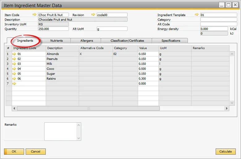 CompuTec ProcessForce Item Ingredient Master Data, Ingredients tab listing almonds, peanuts, milk, cocoa, sugar, and raisins
