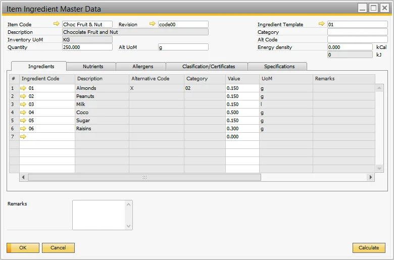 CompuTec ProcessForce Item Ingredient Master Data with Ingredients, Nutrients, Allergens, Classification/Certificates, and Specifications tabs