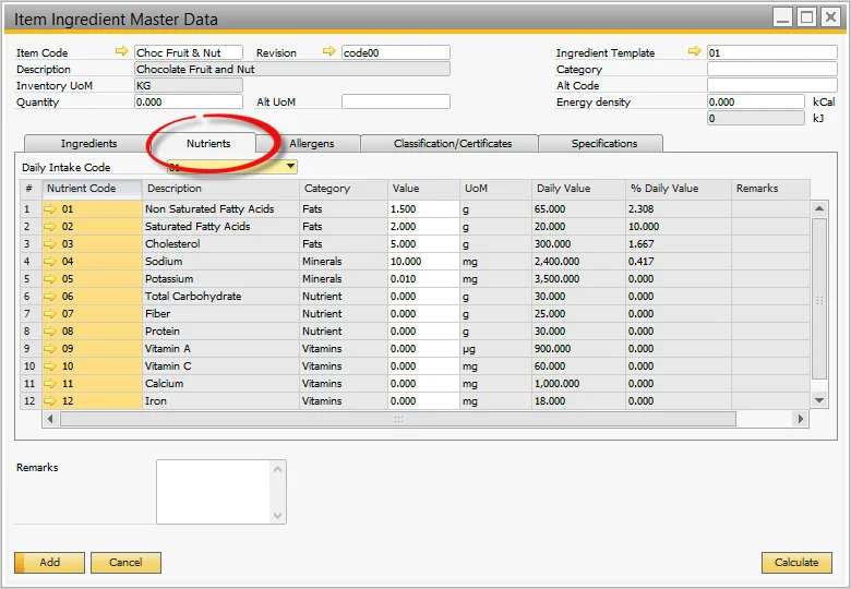 CompuTec ProcessForce Item Ingredient Master Data, Nutrients tab with value, daily value, and % daily value per nutrient