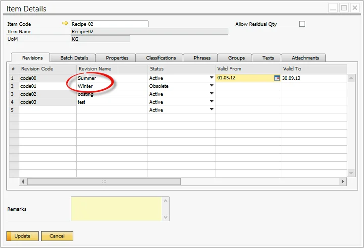 CompuTec ProcessForce Item Details, Revisions tab with Summer and Winter revisions and their validity dates