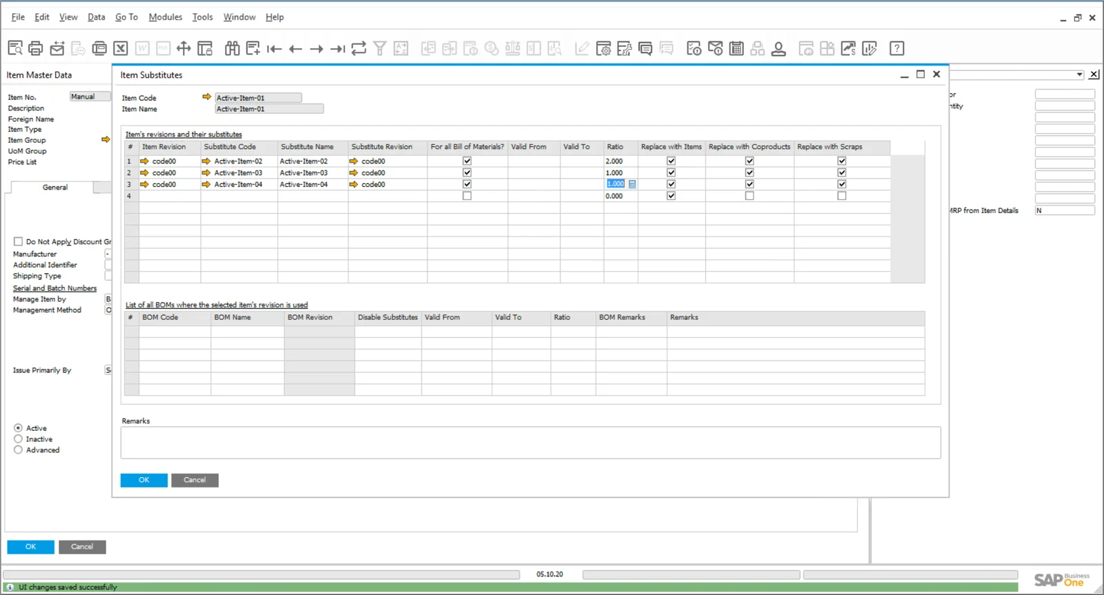 Item Substitutes window listing substitute items with ratio and replacement options for items, co-products, and scrap