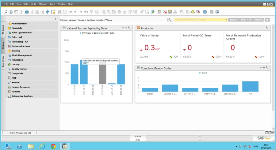 SAP Business One cockpit with dashboards for expired batch value, production KPIs, and Complaint reason codes
