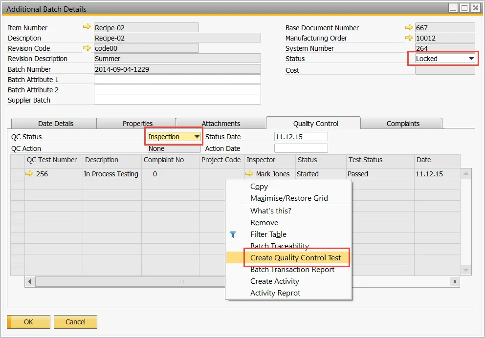 Locked batch in Inspection status, with Create Quality Control Test selected from the Quality Control tab menu