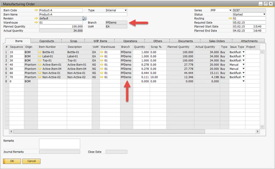 Manufacturing Order with the branch PFDemo in the header and inherited on every item line
