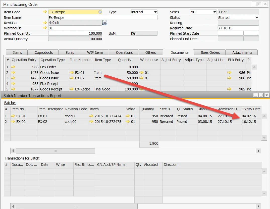 Manufacturing Order goods issues for two batches, with the Batch Number Transactions Report showing their different expiry dates