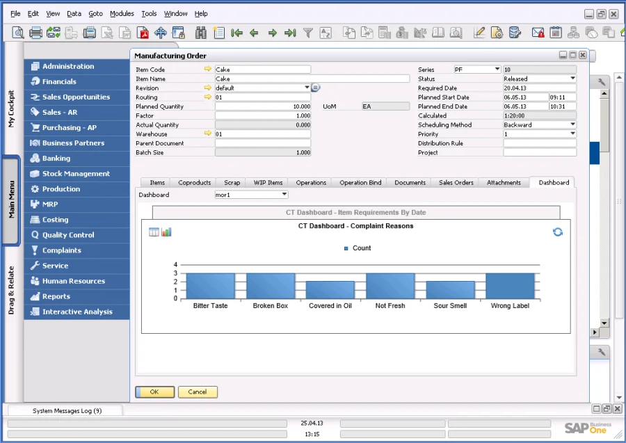 Manufacturing Order in SAP Business One with an embedded dashboard charting Complaint reasons
