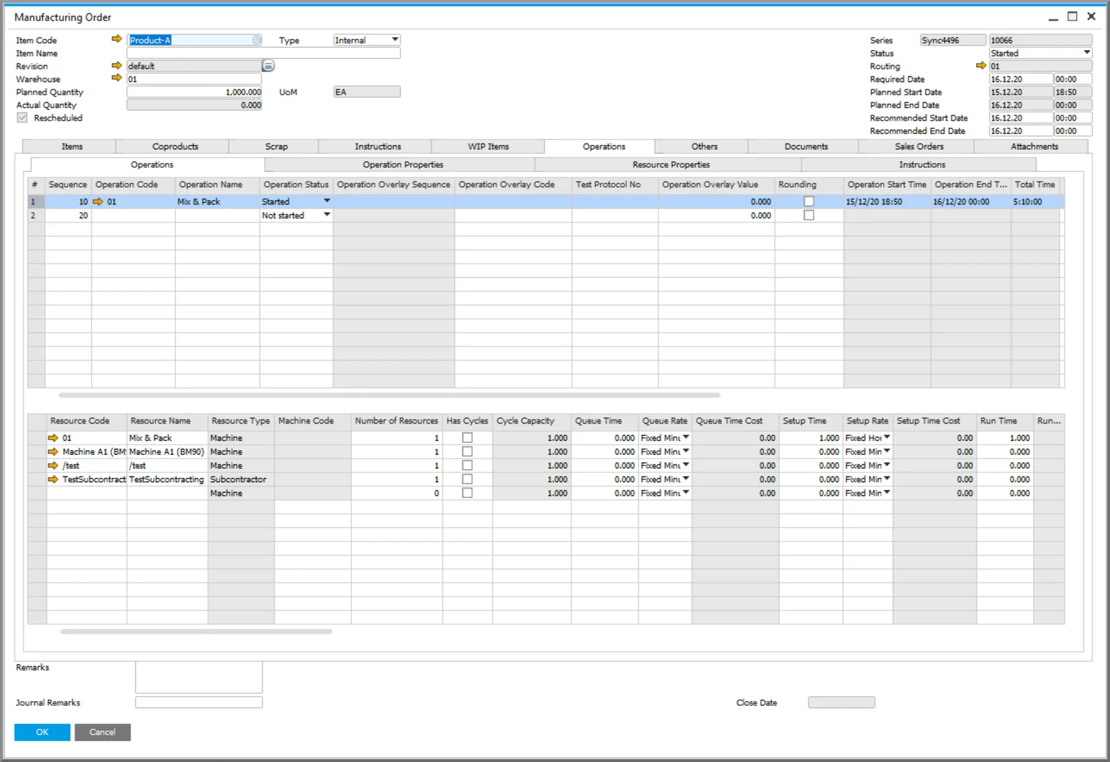 Manufacturing Order operation with a subcontractor resource listed among the machine resources