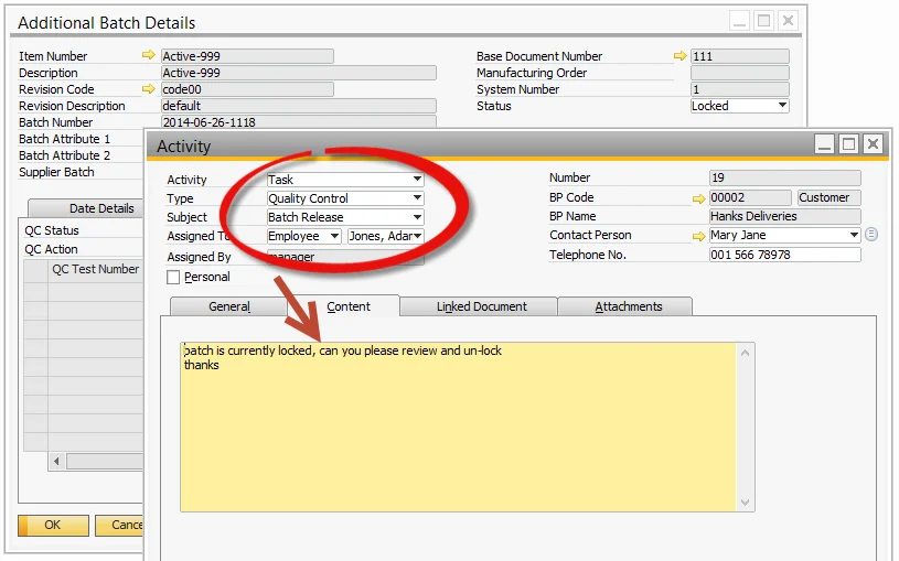 Activity of type Quality Control with the subject Batch Release, asking for the locked batch to be reviewed and unlocked