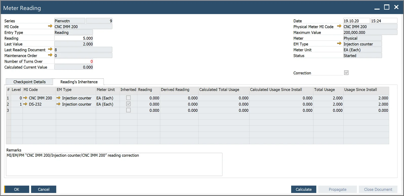 CompuTec ProcessForce Meter Reading document for an injection counter, with reading inheritance