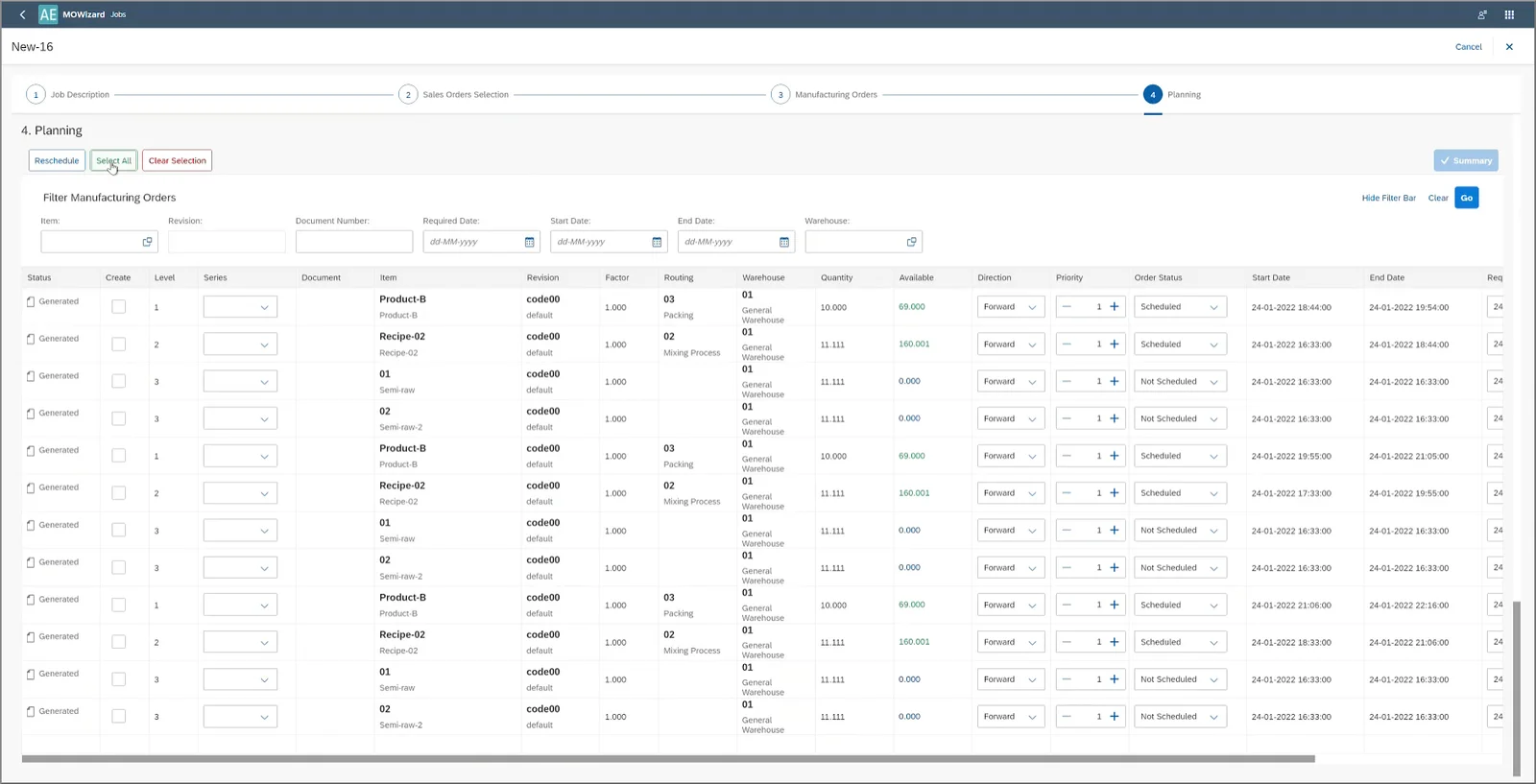 Manufacturing Order Wizard Planning step listing generated orders with direction, priority, order status, and dates