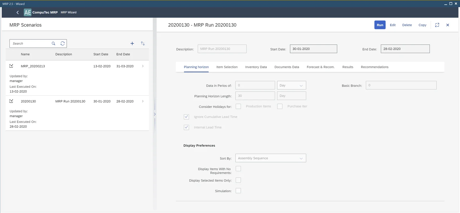 MRP II Wizard in CompuTec AppEngine with a list of MRP scenarios and the planning horizon settings of one run