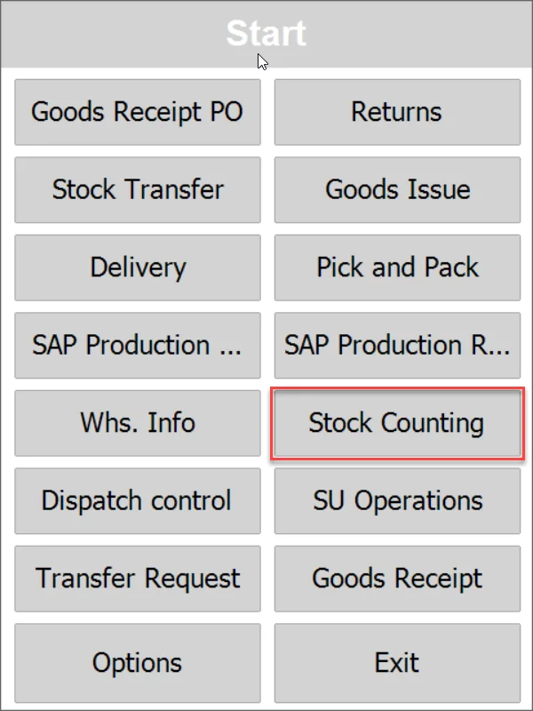 CompuTec WMS start menu with the Stock Counting button highlighted