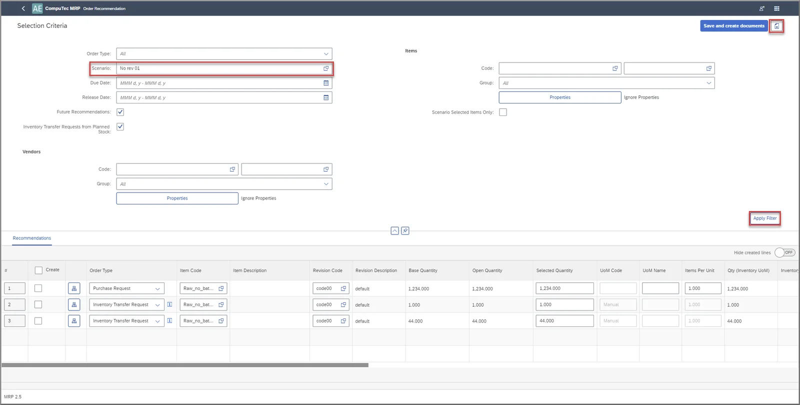 Order Recommendation app listing recommended Purchase Requests and Inventory Transfer Requests for a scenario