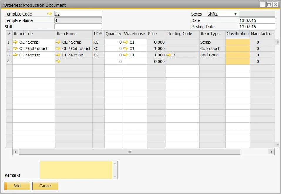 Orderless Production Document listing a final good, a coproduct, and scrap from a production template