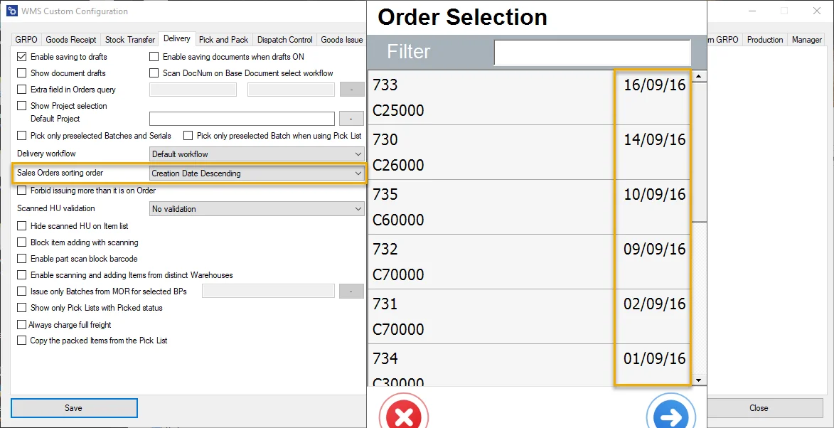 Sales Orders sorting order set to Creation Date Descending and the resulting Order Selection list sorted by date