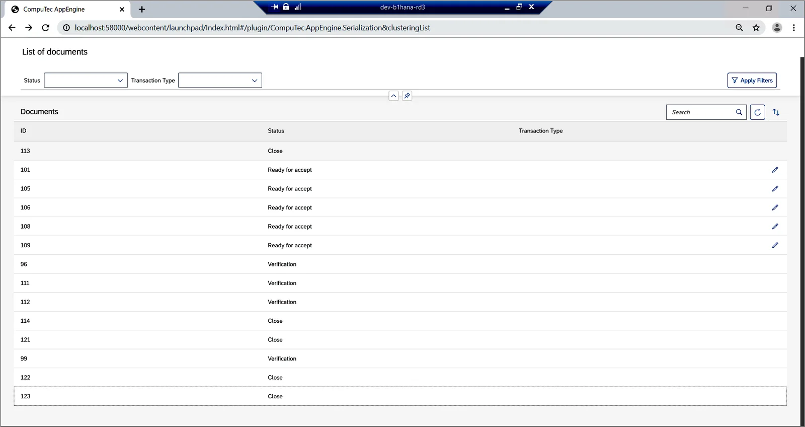 CompuTec AppEngine list of packing hierarchy documents with their statuses