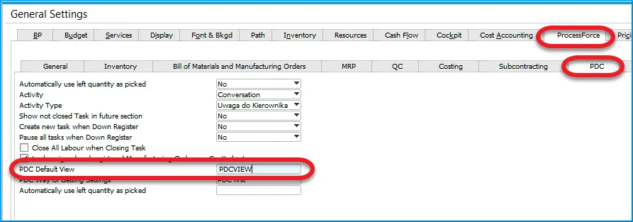 CompuTec ProcessForce General Settings with a view name entered in the default view field for CompuTec PDC