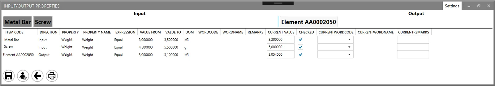 CompuTec PDC Input/Output Properties window with weight ranges for a metal bar, a screw, and the output element, each checked as compliant