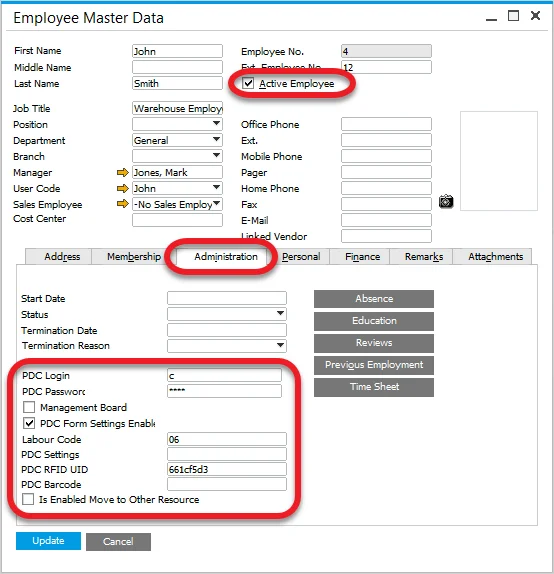 Employee Master Data, Administration tab, with the CompuTec PDC login fields and the form settings checkbox selected