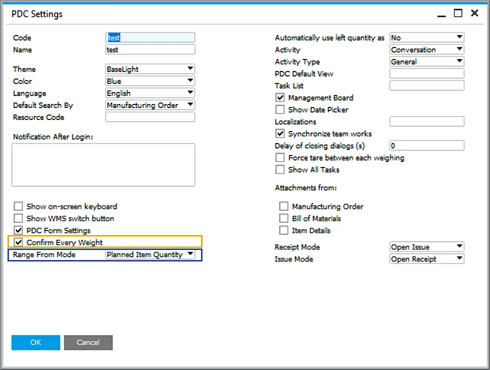 CompuTec PDC Settings window with Confirm Every Weight and Range From Mode highlighted