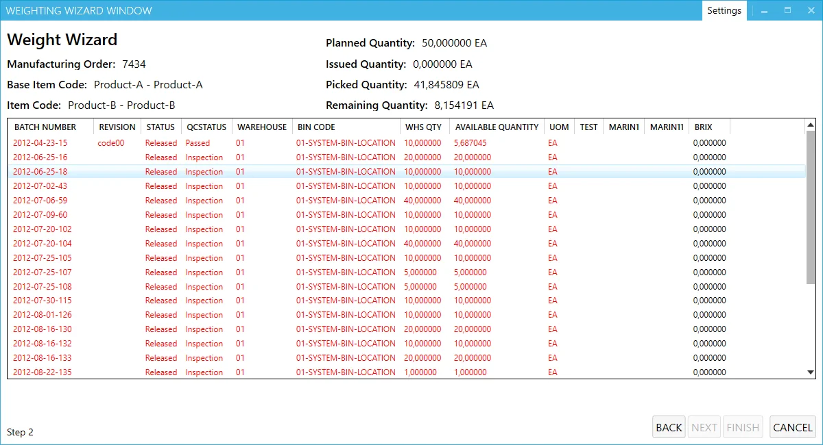 CompuTec PDC Weight Wizard batch selection step listing batches with status, warehouse, bin location, and available quantity