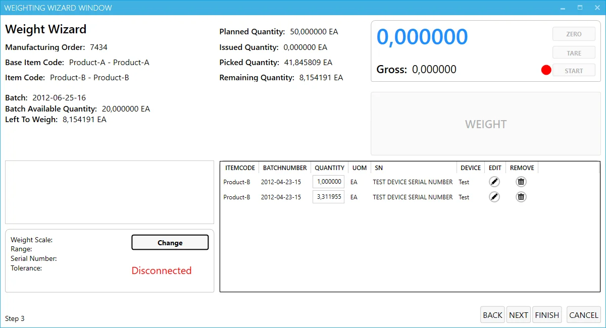 CompuTec PDC Weight Wizard weighing step with planned, issued, picked, and remaining quantities and the weight scale panel