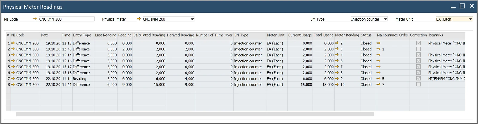 Physical Meter Readings report listing the reading history of an injection counter