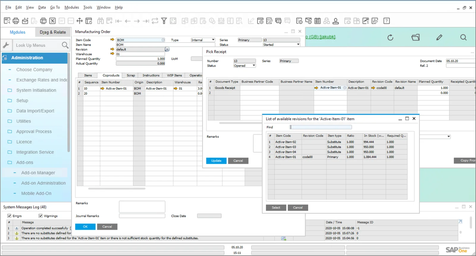 Pick Receipt for a Manufacturing Order with the list of available substitute revisions and their stock
