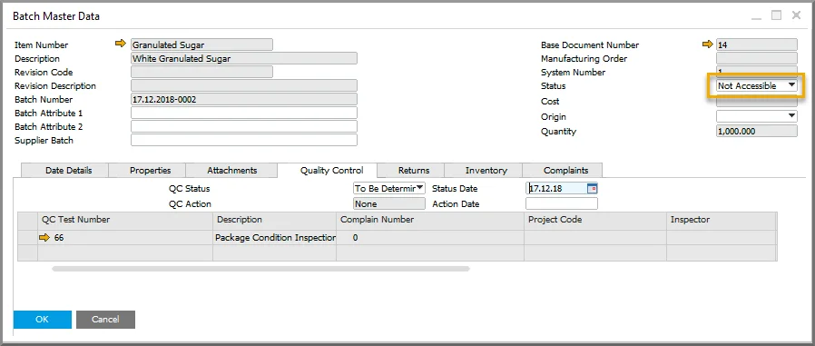 Batch Master Data for a granulated sugar batch in Not Accessible status with a package condition inspection pending