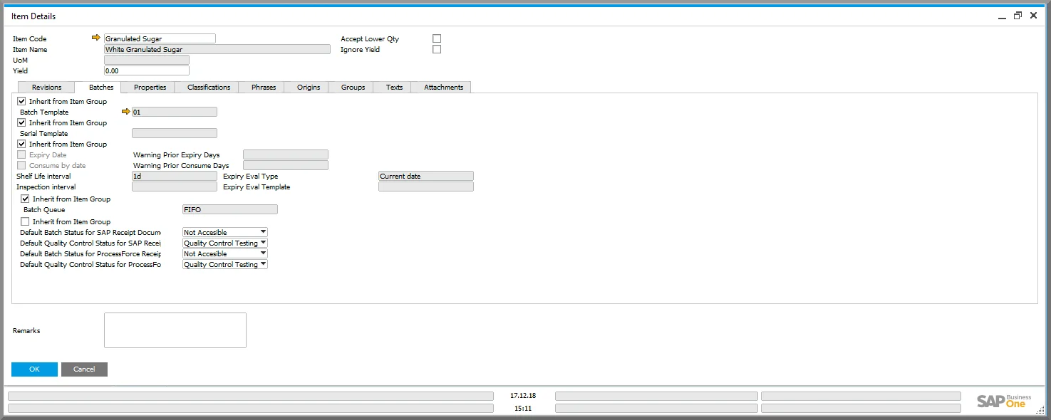 Item Details for granulated sugar with Not Accessible as the default batch status for receipt documents