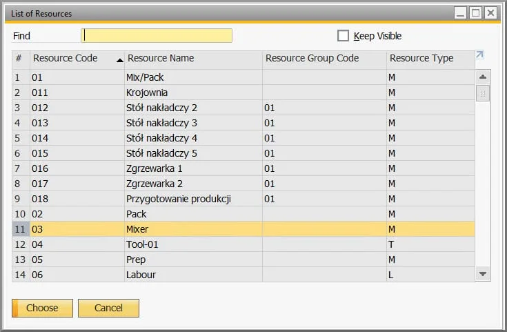 List of Resources selection window with machine, tool, and labor resource types
