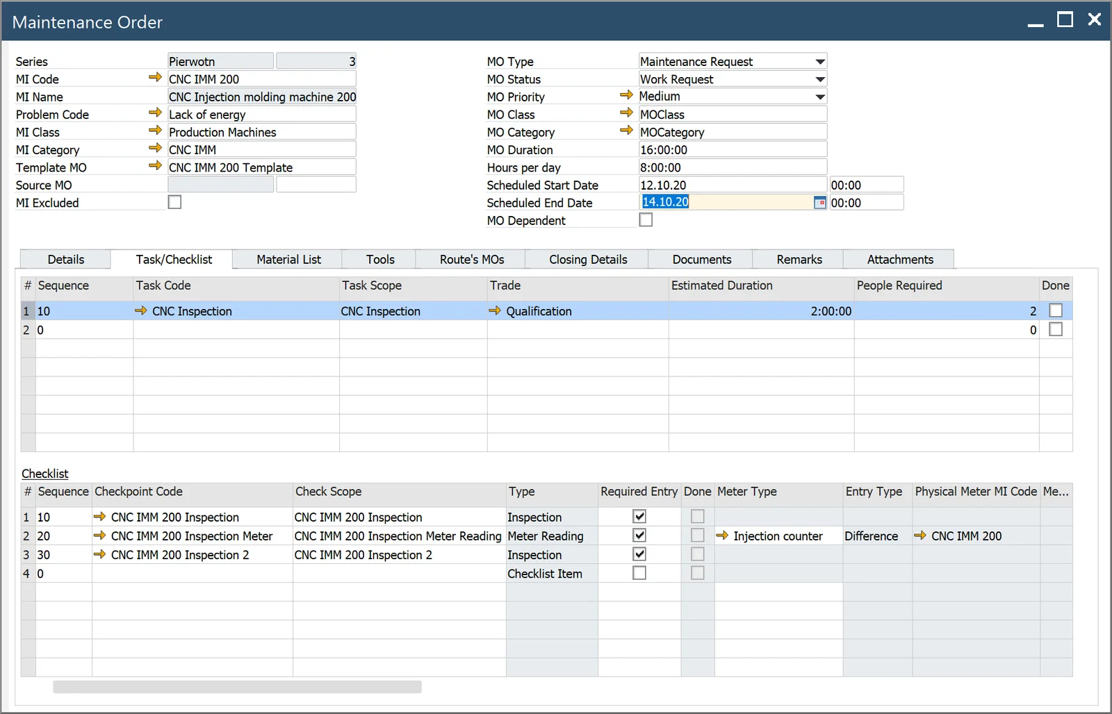 Maintenance Order Task/Checklist tab with an inspection task and its checklist items