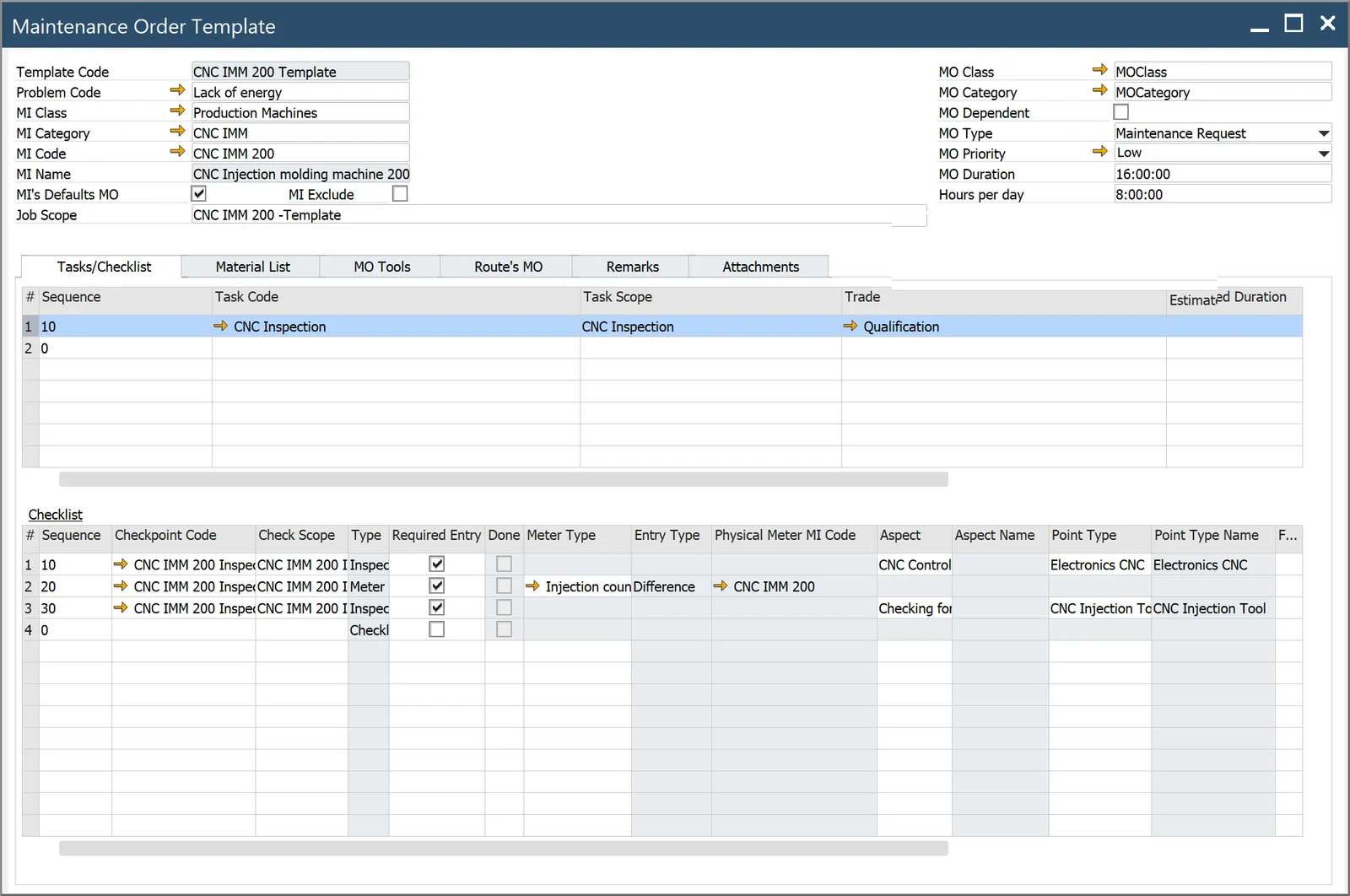 CompuTec ProcessForce Maintenance Order Template with tasks and a checklist for a CNC machine