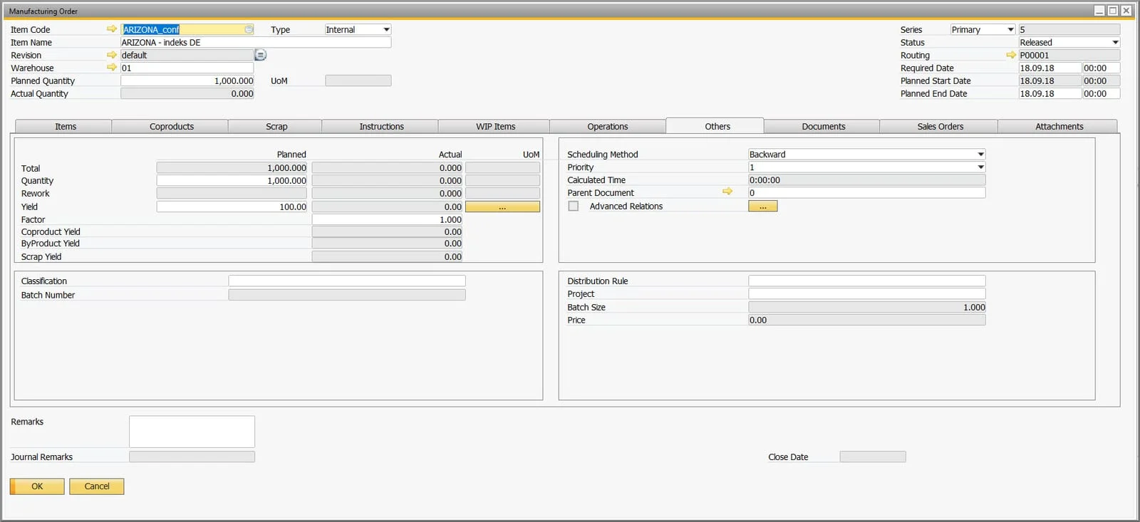 Manufacturing Order Others tab with the Advanced Relations option next to the scheduling method and parent document fields