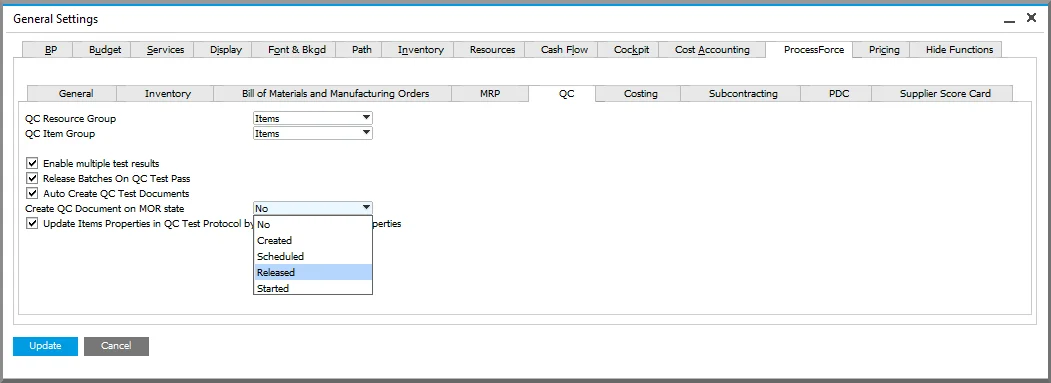 CompuTec ProcessForce Quality Control settings with automatic test document creation and the Manufacturing Order status trigger