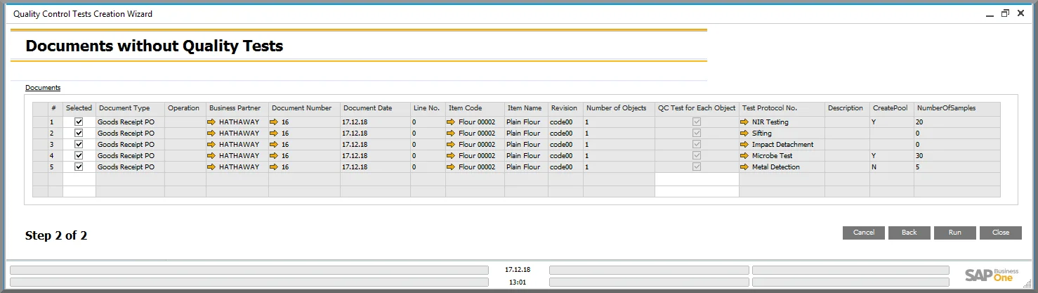 Quality Control Tests Creation Wizard listing Goods Receipt PO lines without quality tests, each with its Test Protocol