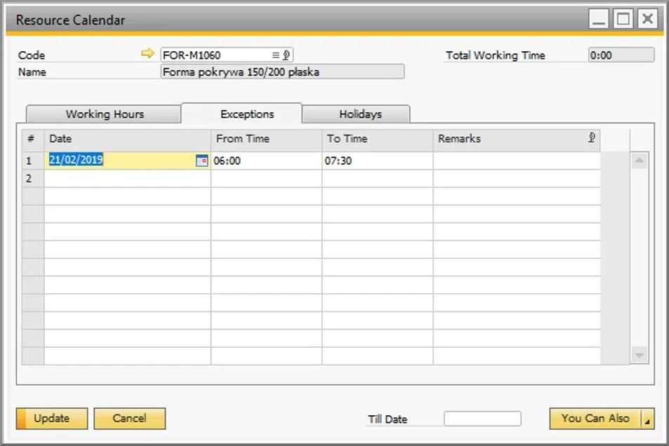 Resource Calendar Exceptions tab with an extra working time slot added for one date