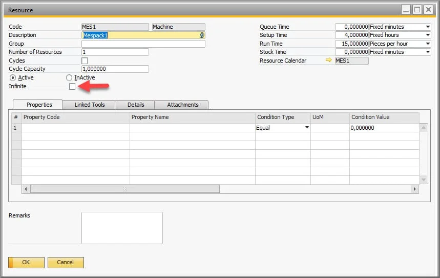 Resource form for a packing machine with the new Infinite checkbox marked by an arrow