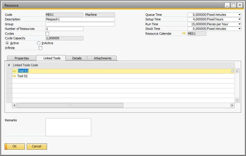 Resource form Linked Tools tab with two tools linked to a packing machine