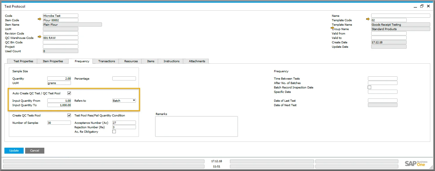 Test Protocol Frequency tab with automatic test creation enabled for batch input quantities from 1 to 1,000
