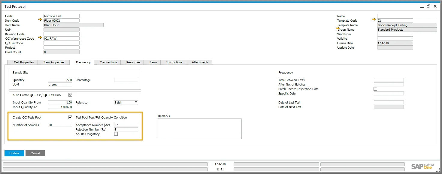 Test Protocol Frequency tab with test pool creation, number of samples, and acceptance and rejection numbers highlighted