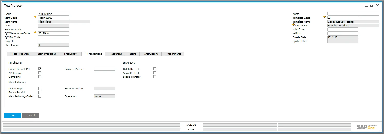 CompuTec ProcessForce Test Protocol for plain flour with Goods Receipt PO selected as the triggering transaction