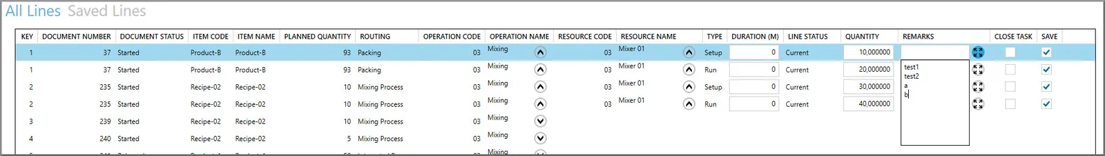 Expanded Quick Time Booking lines with resource, setup and run time types, duration, quantity, and a remarks field