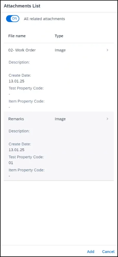 Attachments List in the Quality Control app showing the image attachments of a test